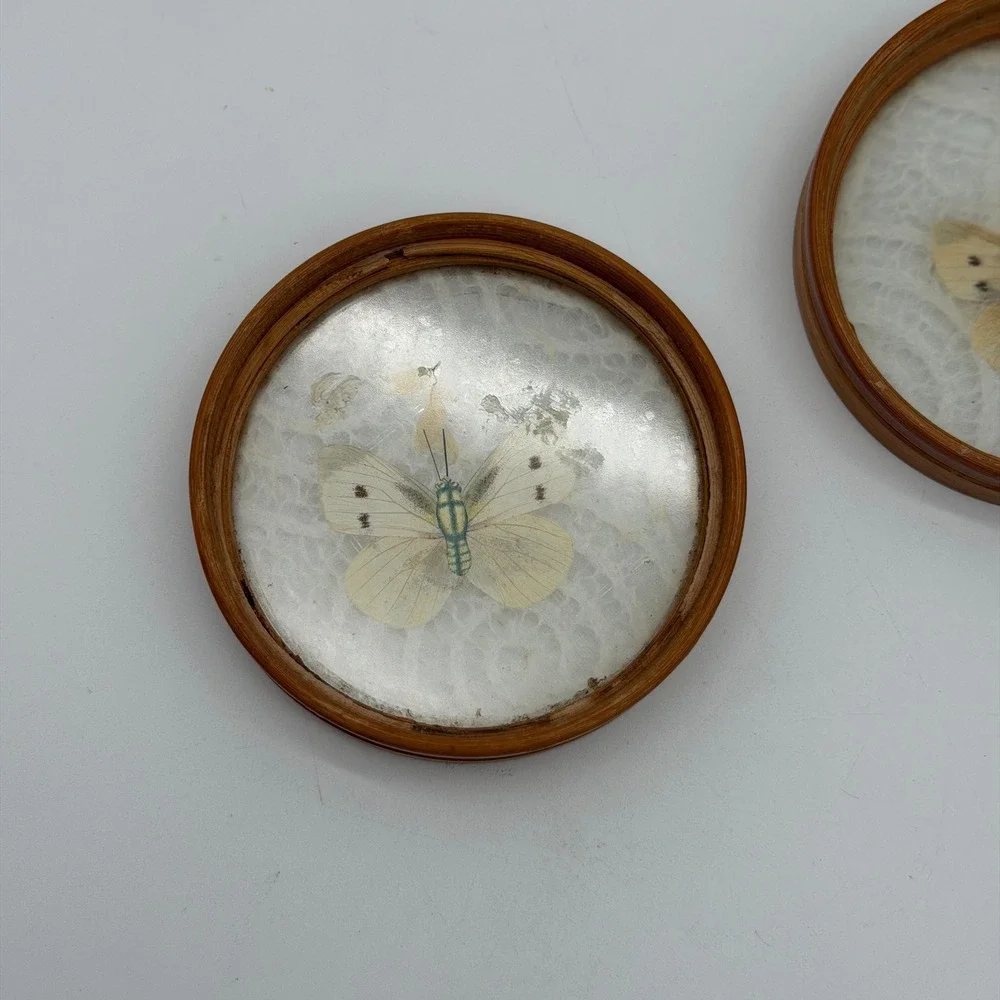 Vintage Bamboo Coasters Set of‎ 2 Pressed Butterfly Lace Inlay Glass Round 4in